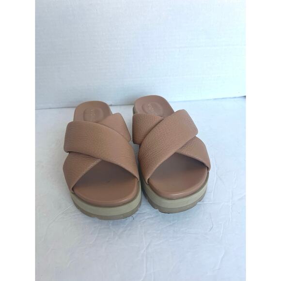 Vionic Vesta Pebbled Tan Leather CrissCross Slide On Comfort Platform Sandals 9 - Picture 3 of 11